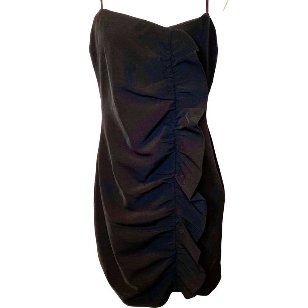 Parker Asymmetrical Black Mini Dress Full Front Ruffle Spaghetti Straps Small